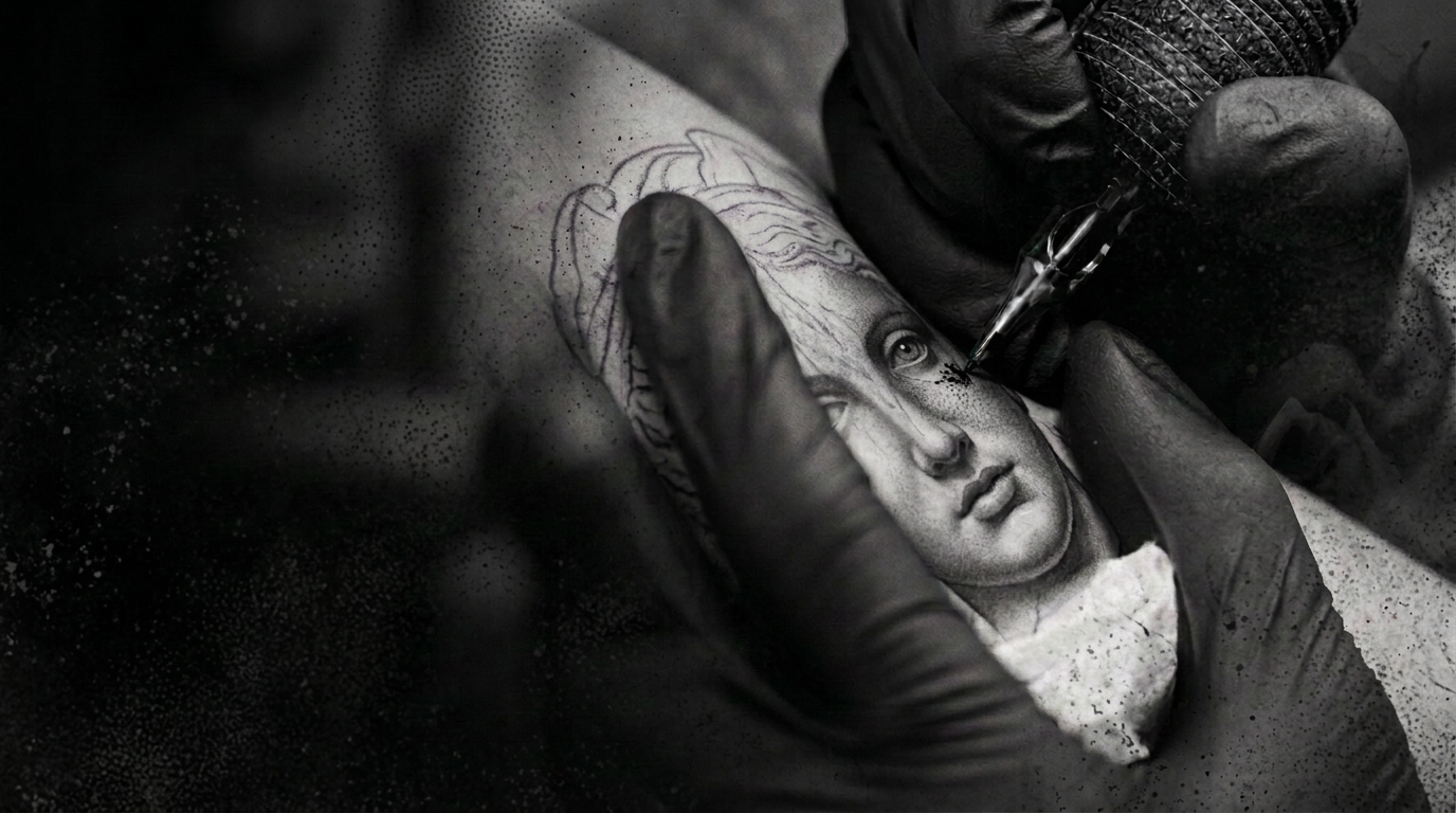 Tattoo artist working with a tattoo machine in black and grey