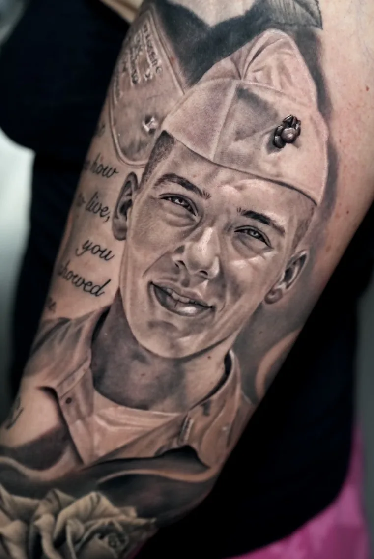 Black and grey realism portrait of a marine