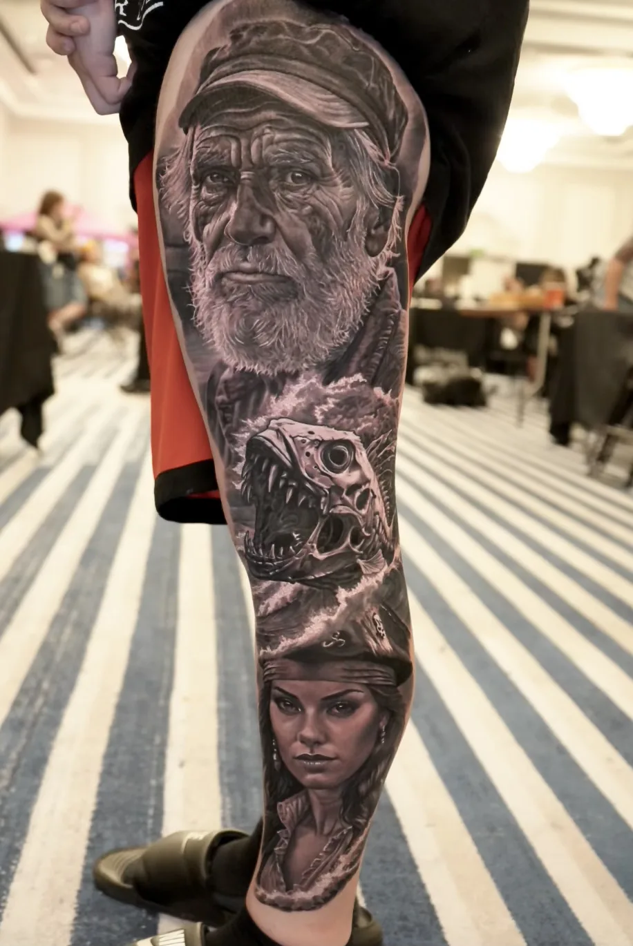Realism leg sleeve with fisherman portrait and sea creature