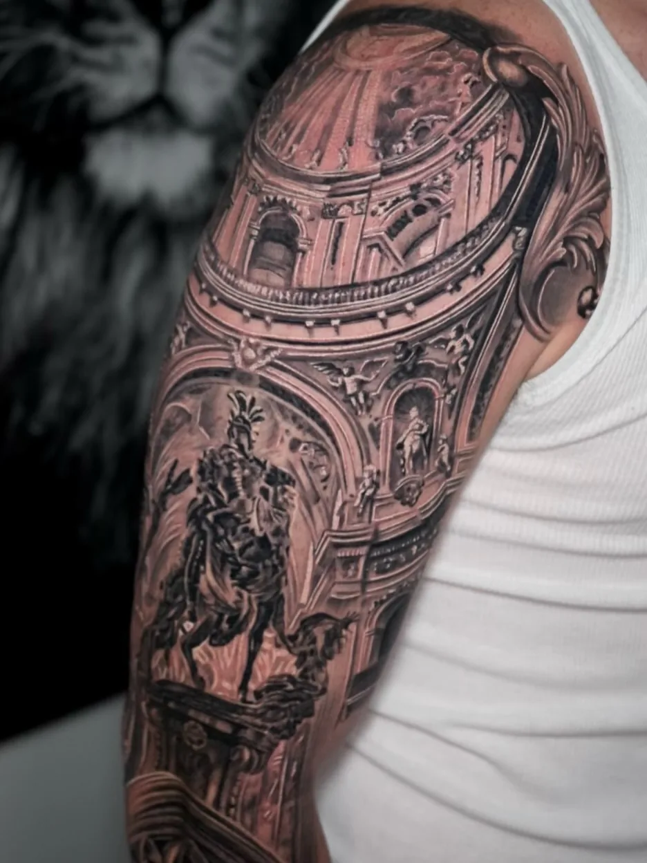 Black and grey realism cathedral architecture sleeve